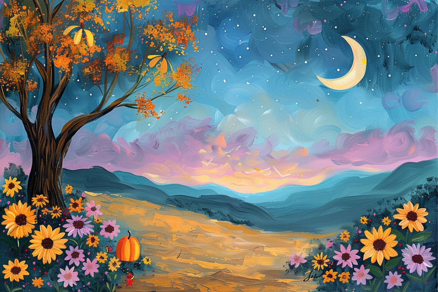 Sfondo Di Fiori Di Cielo Al Chiaro Di Luna Dell'Albero Autunnale BRP9-132