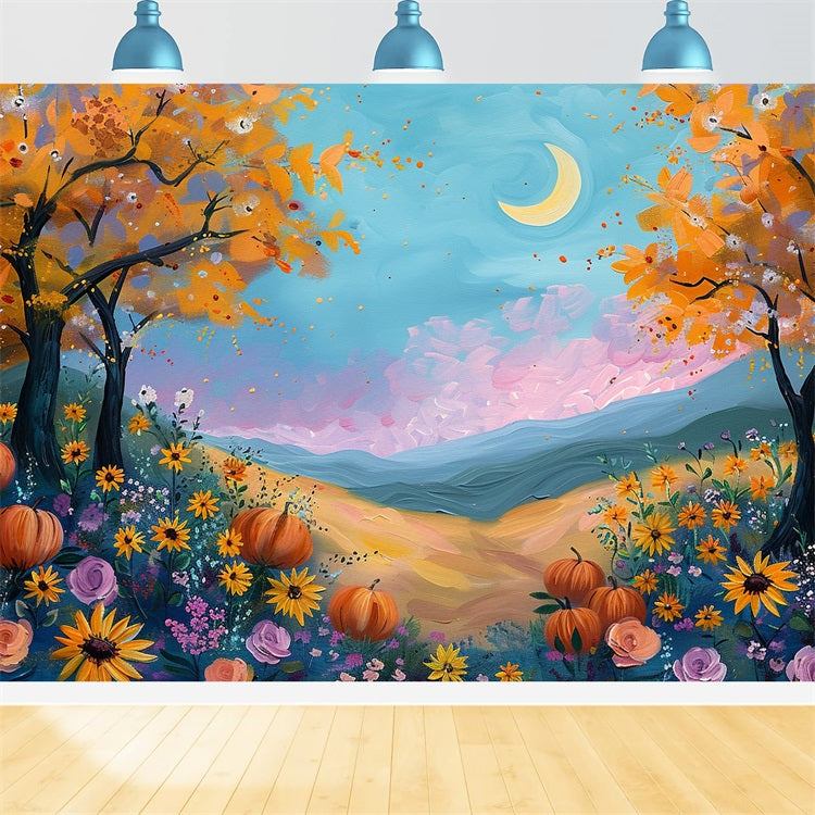 Sfondo Di Fiori Di Zucca Di Campo Autunnale Al Chiaro Di Luna BRP9-133
