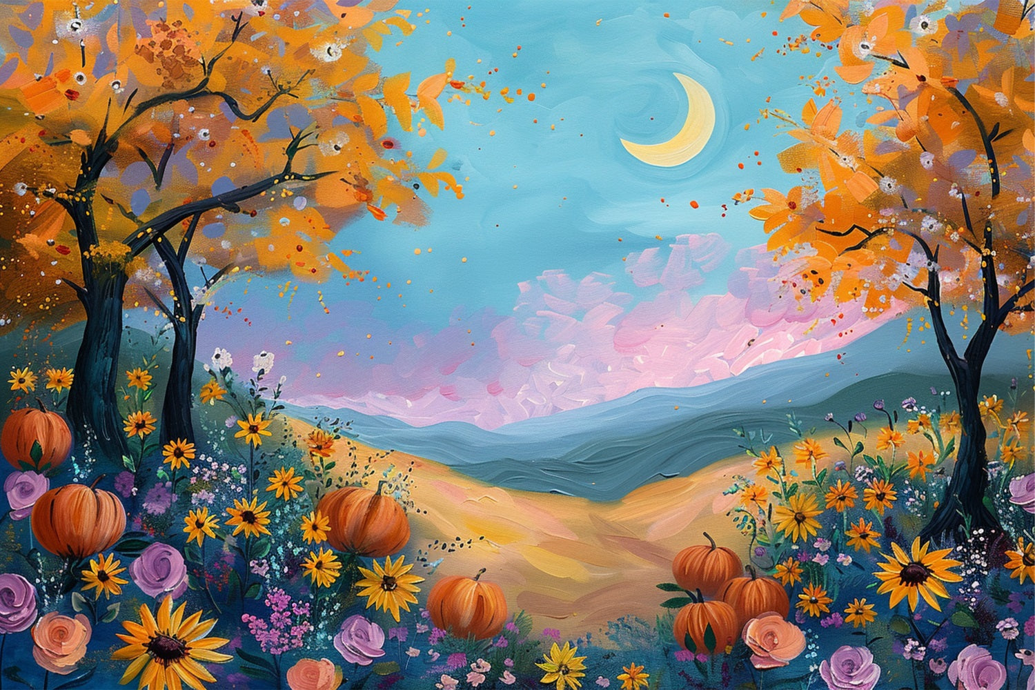Sfondo Di Fiori Di Zucca Di Campo Autunnale Al Chiaro Di Luna BRP9-133