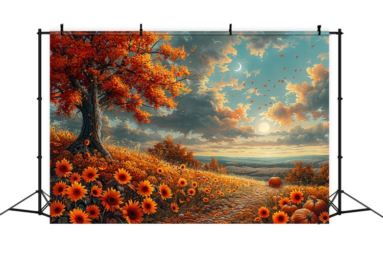 Sfondo Di Fiori Autunnali In Collina Illuminata Dal Sole Luna Crescente BRP9-134