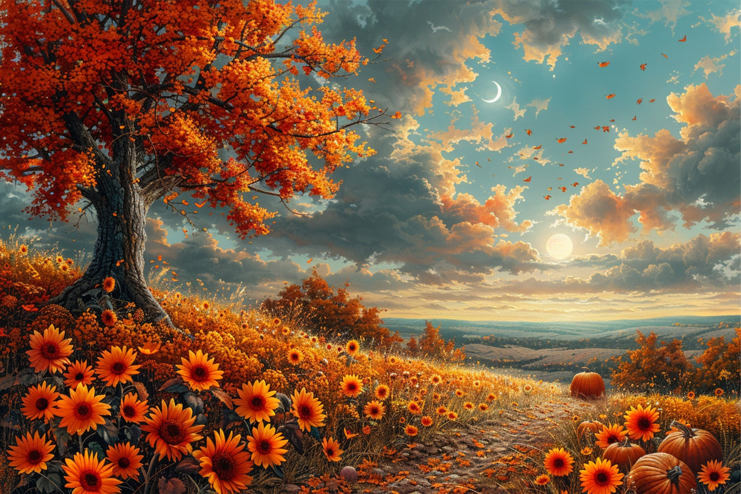 Sfondo Di Fiori Autunnali In Collina Illuminata Dal Sole Luna Crescente BRP9-134