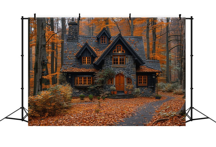 Foglie Autunnali Che Coprono Lo Sfondo Del Pittoresco Cottage Della Foresta BRP9-143