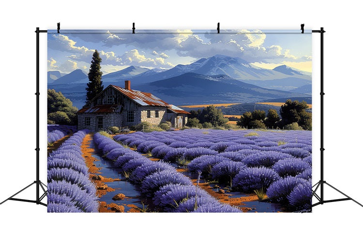 Sfondo Di Campi Di Lavanda Ondulati Con Vista Sulle Montagne BRP9-153