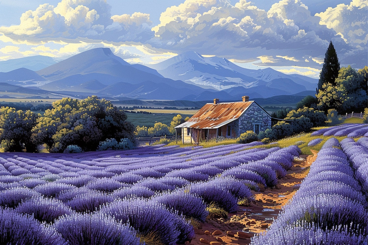 Campi Di Lavanda Viola Che Circondano Lo Sfondo Rustico Della Fattoria BRP9-154
