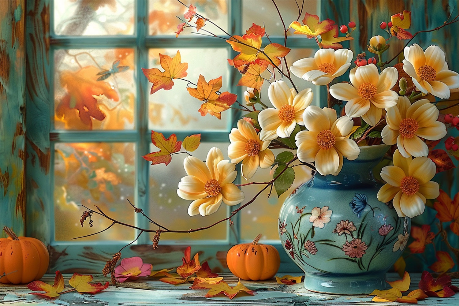 Scena Della Finestra Autunnale Sfondo Di Fiori Di Zucca BRP9-168