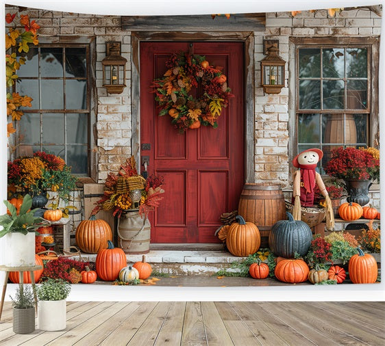 Sfondo Di Decorazioni Di Zucche Con Porta Rossa Del Portico Autunnale BRP9-172