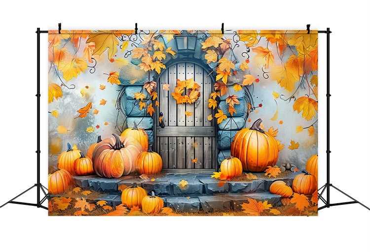 Sfondo Di Foglie Di Zucche Decorate Con Porta In Pietra Autunnale BRP9-177