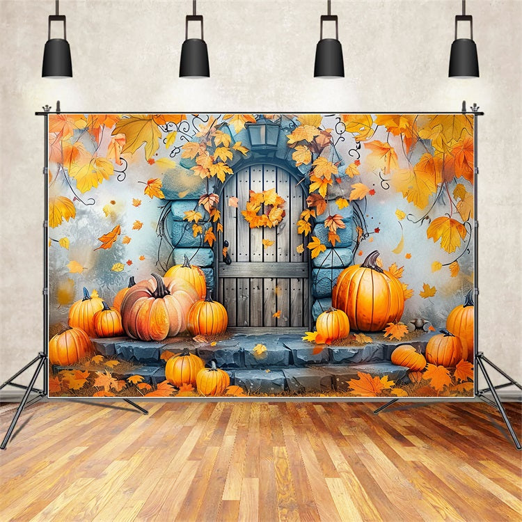 Sfondo Di Foglie Di Zucche Decorate Con Porta In Pietra Autunnale BRP9-177