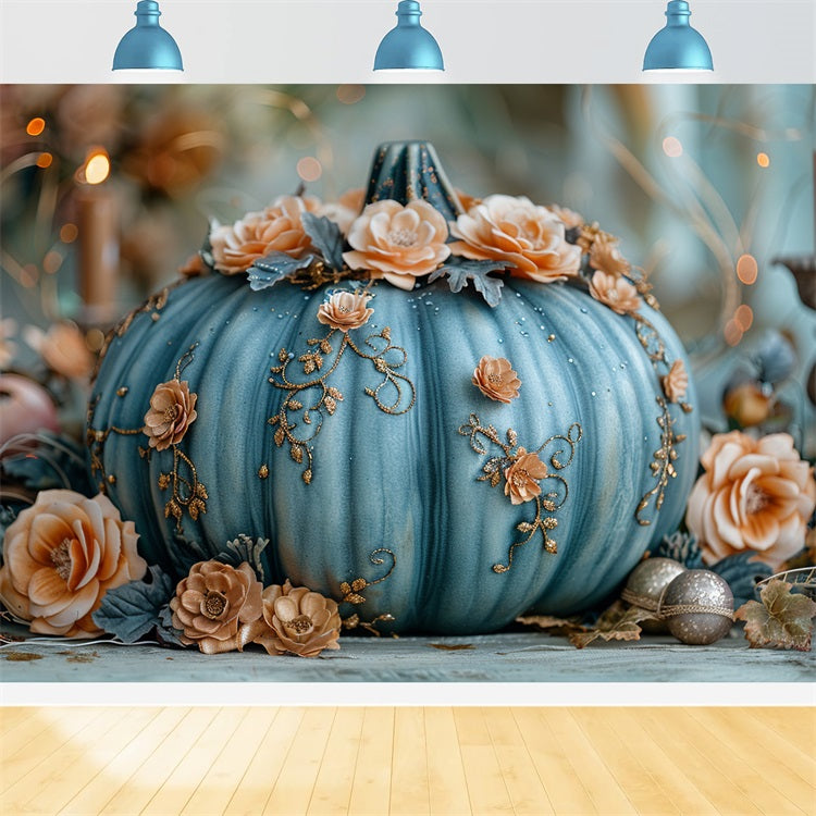 Affascinante Sfondo Autunnale Con Zucca Blu Decorata Con Motivi Floreali BRP9-178