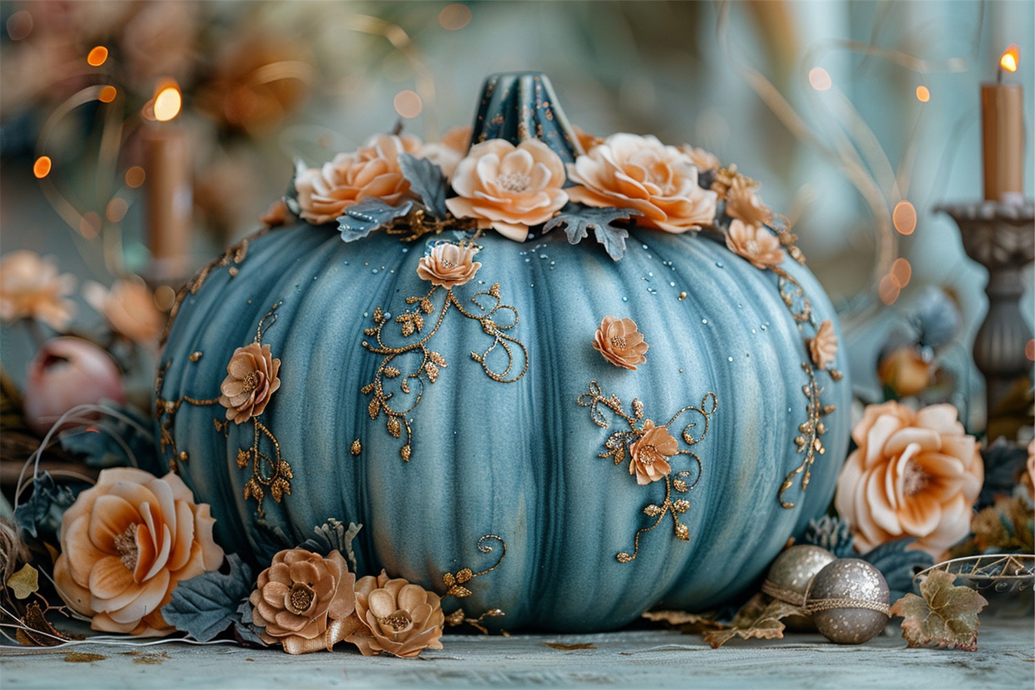 Affascinante Sfondo Autunnale Con Zucca Blu Decorata Con Motivi Floreali BRP9-178