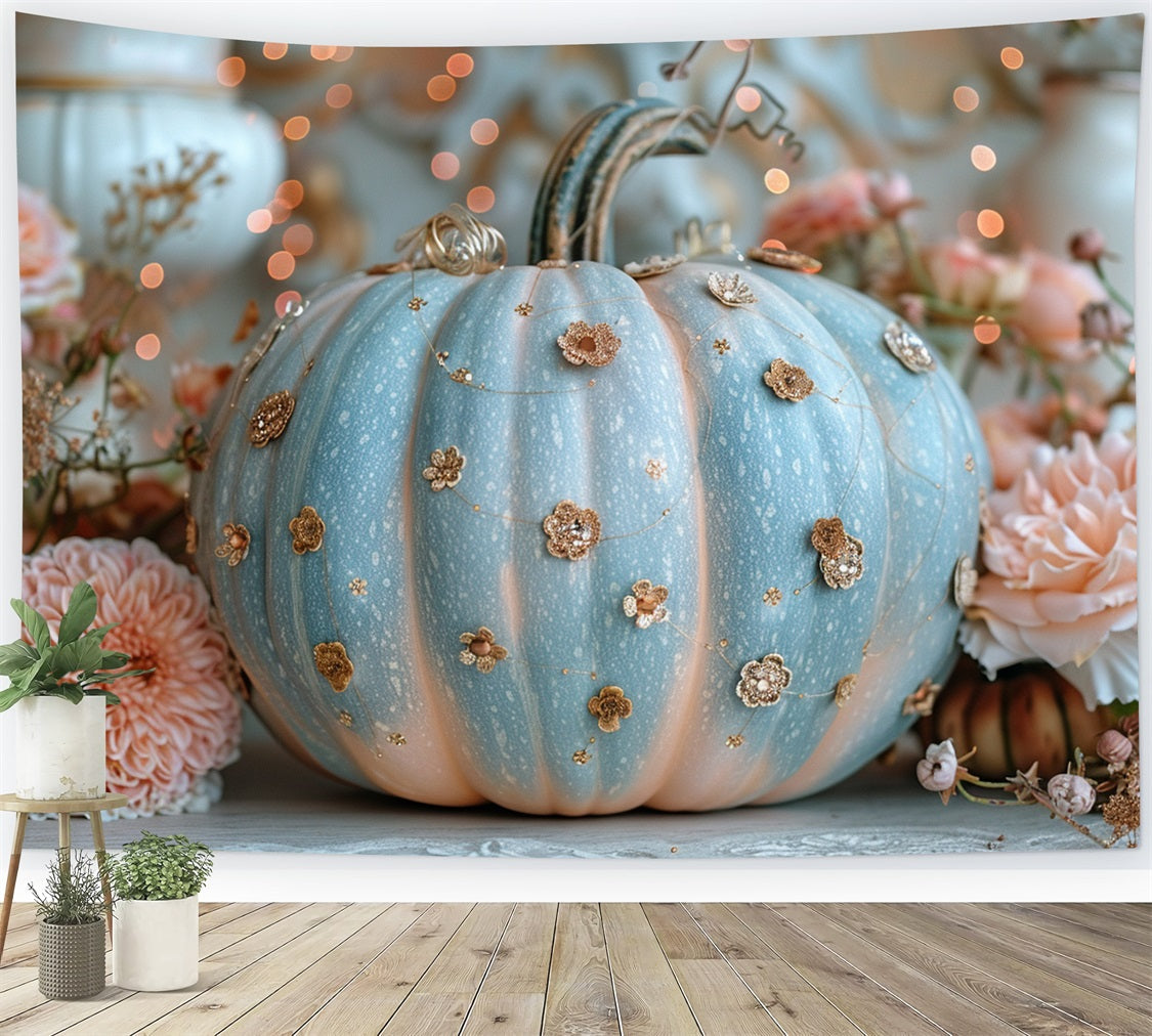 Delicato Sfondo Con Accenti Floreali Glitterati Di Zucca Blu BRP9-180