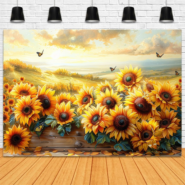Girasoli Dorati Farfalle Galleggianti Sfondo Del Cielo Al Tramonto BRP9-183