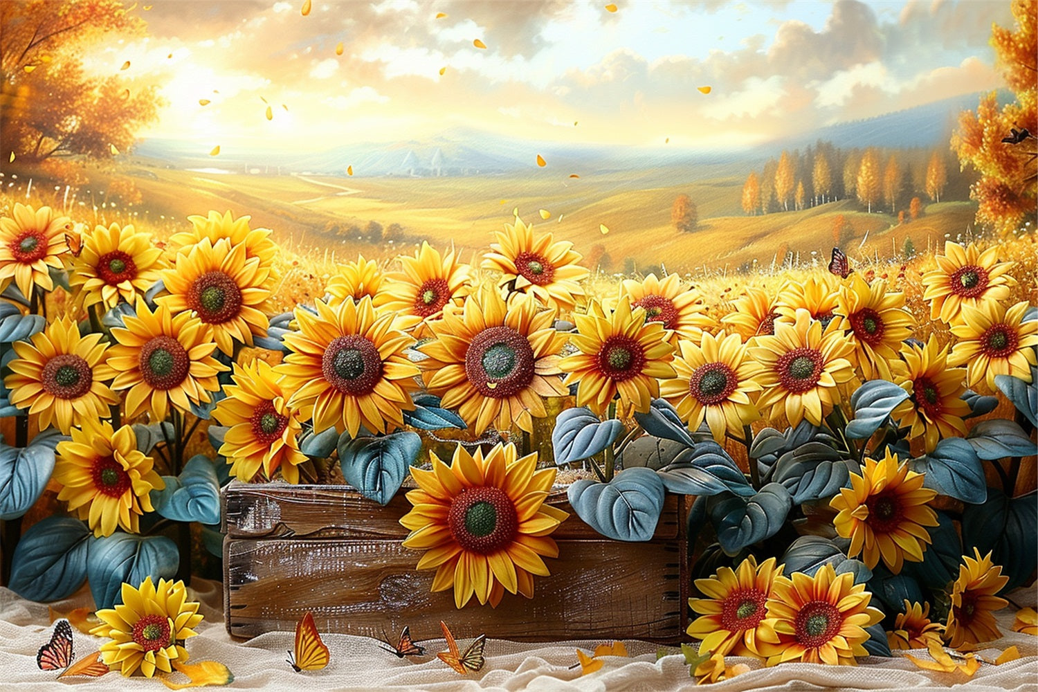 Girasoli Autunnali Che Cadono Petali Di Luce Calda Sullo Sfondo BRP9-184