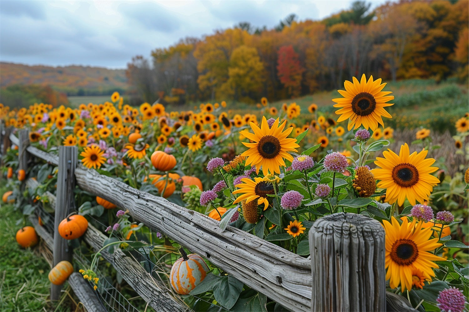 Sfondo Di Recinzione In Legno Rustico Con Zucche Dorate E Girasoli BRP9-185