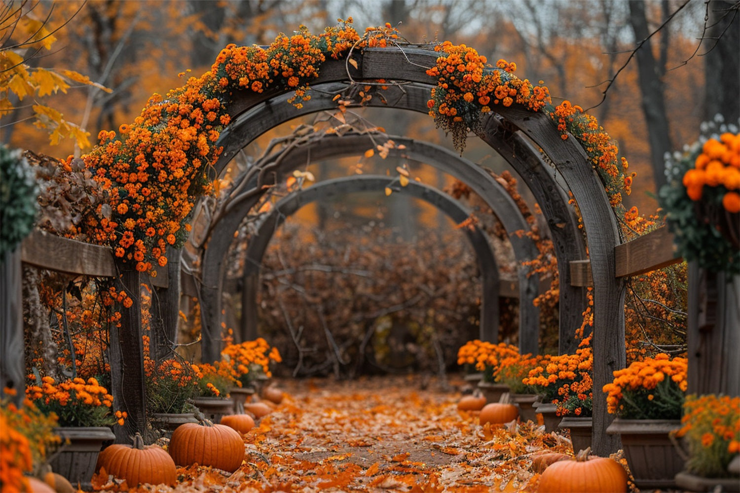 Sfondo Autunnale Con Foglie Cadenti Di Zucche Floreali Ad Arco BRP9-188