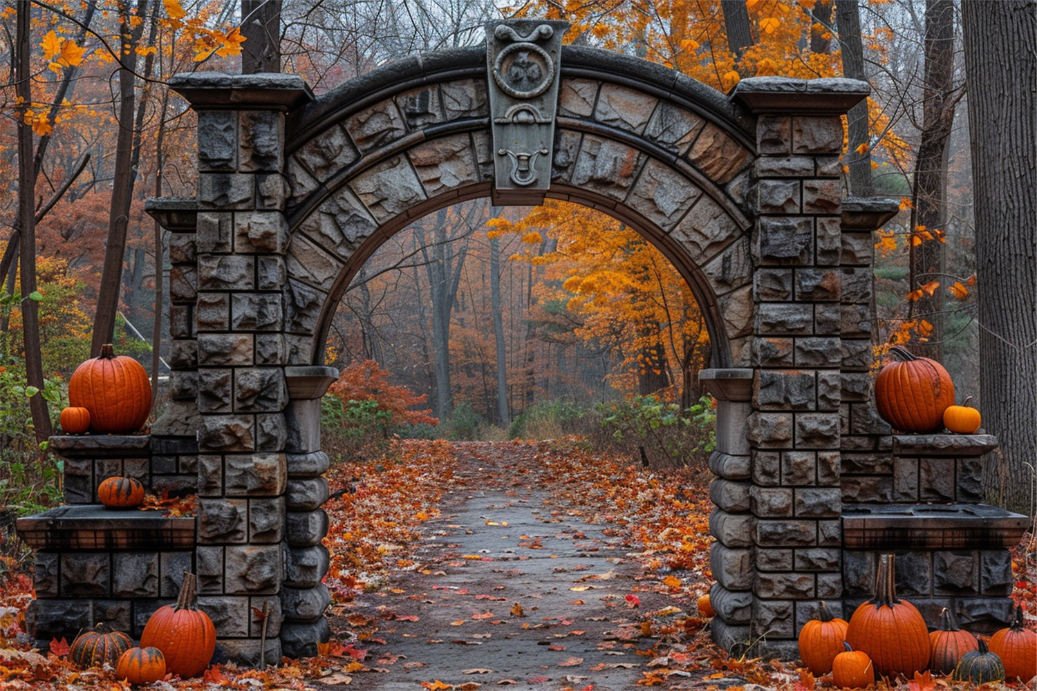 Sfondo Della Scena Autunnale Della Zucca Con Arco In Pietra Antica BRP9-209