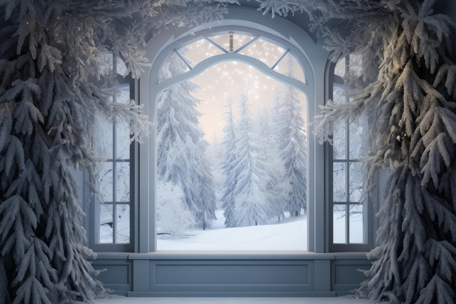 Scena Della Foresta Ghiacciata Invernale Sullo Sfondo Della Finestra BRP9-233