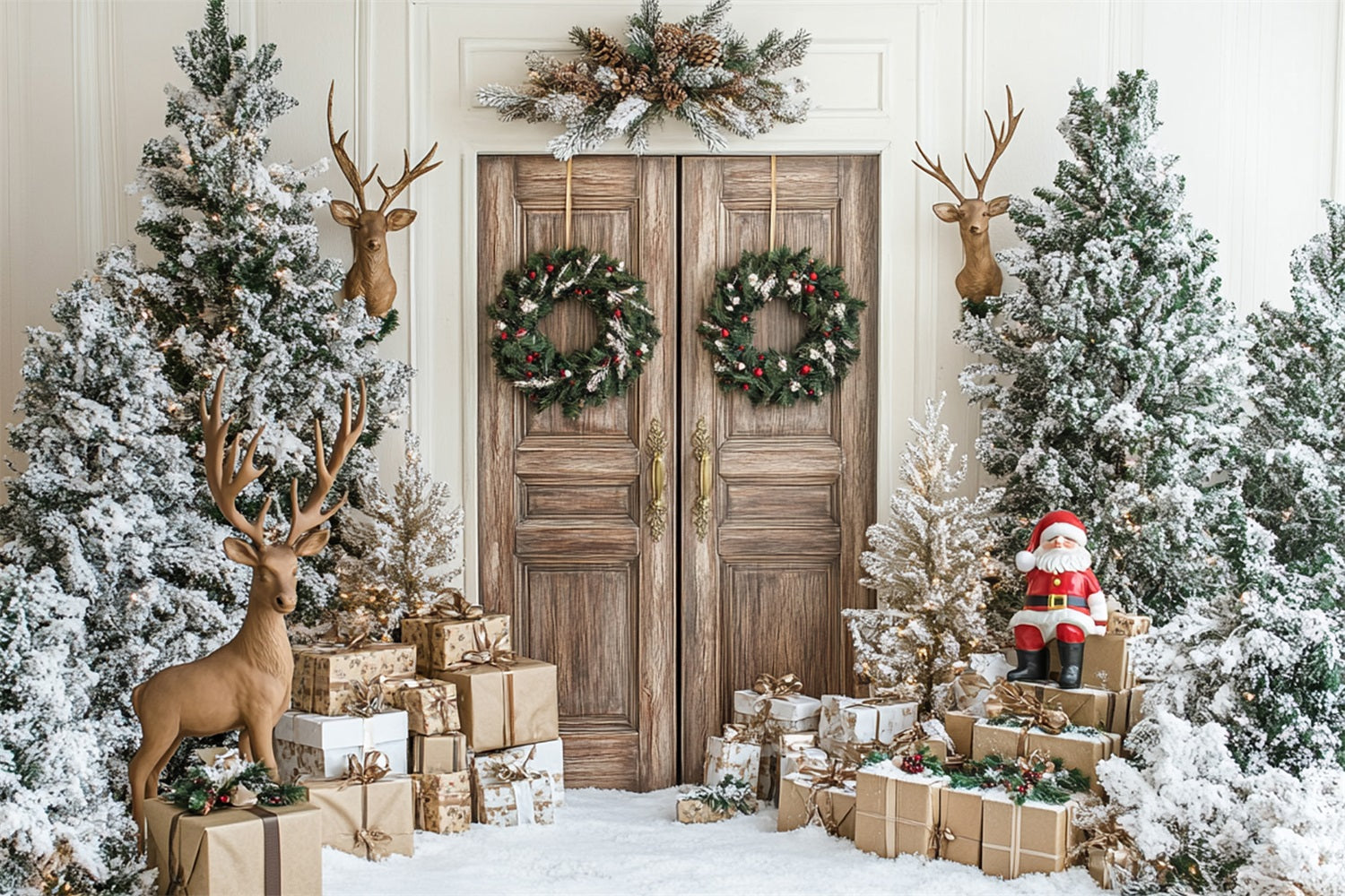 Sfondo Rustico Con Decorazioni Per Renne Di Babbo Natale Per Porta Invernale BRP9-260
