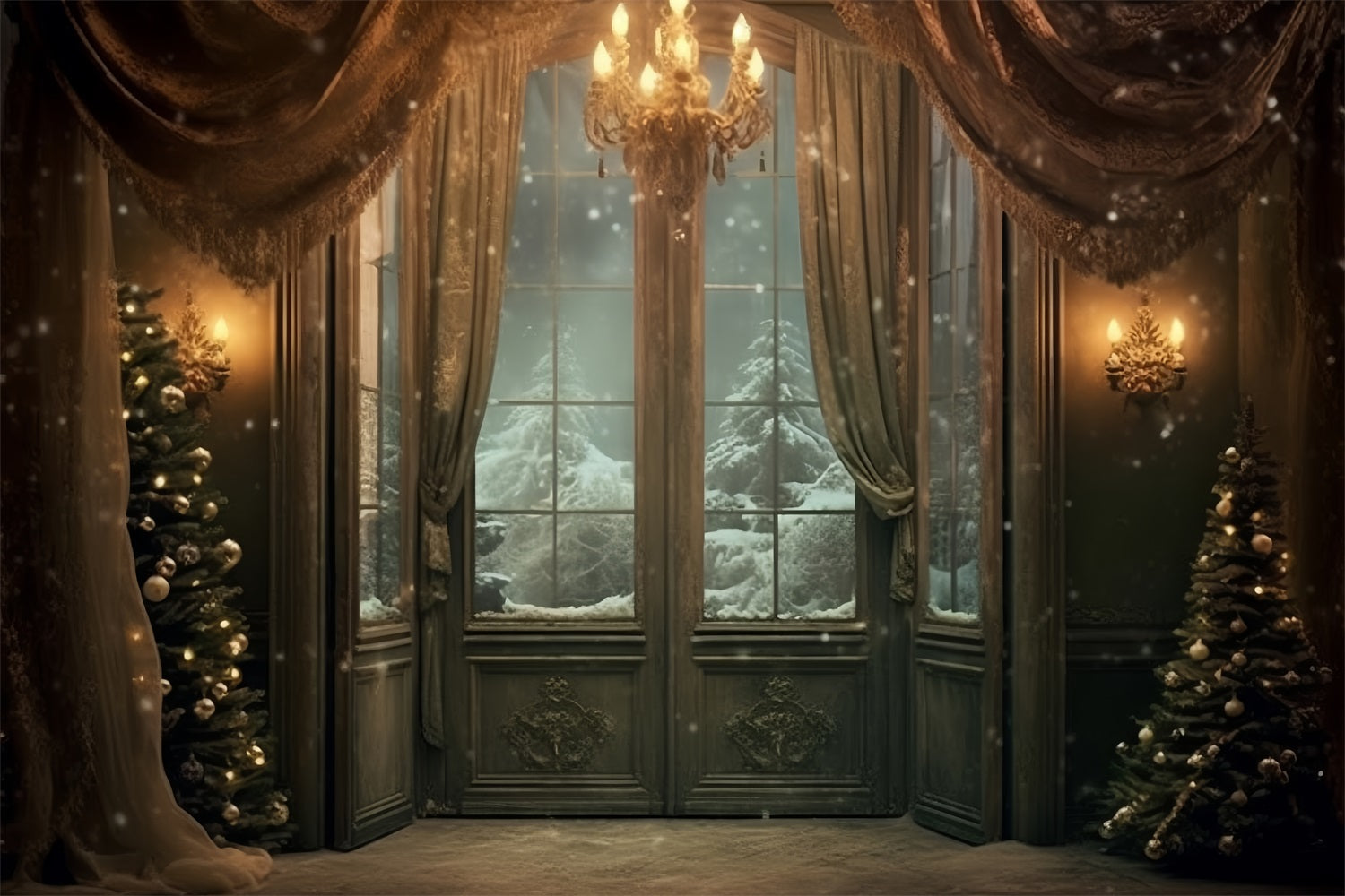 Vista Della Foresta Invernale Attraverso Lo Sfondo Decorato Delle Finestre BRP9-263