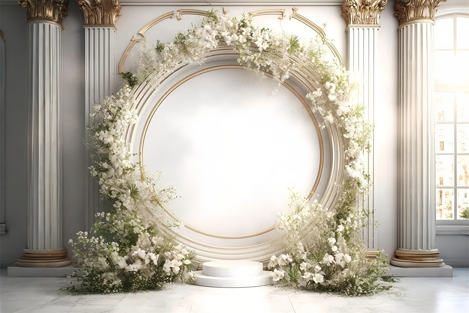 Elegante Sfondo Floreale Bianco Con Colonne Ad Arco Boho BRP9-271