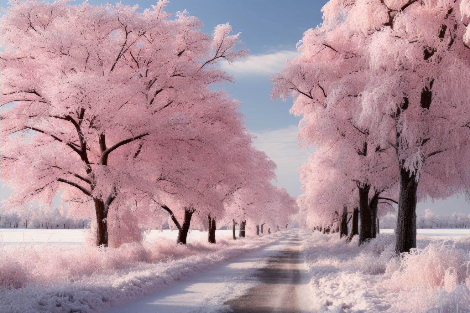 Strada Attraverso Lo Sfondo Del Paesaggio Invernale Rosa Satinato BRP9-278