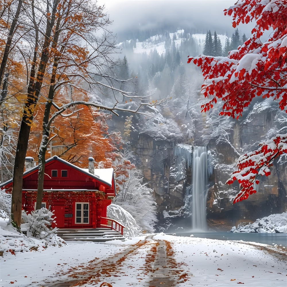 Sfondo Di Cascata Che Scorre Cabina Rossa Innevata Invernale BRP9-292