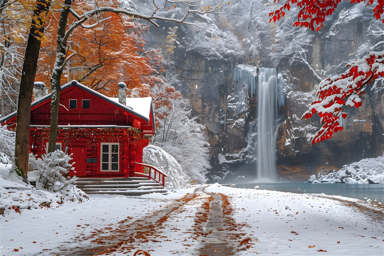Sfondo Di Cascata Che Scorre Cabina Rossa Innevata Invernale BRP9-292