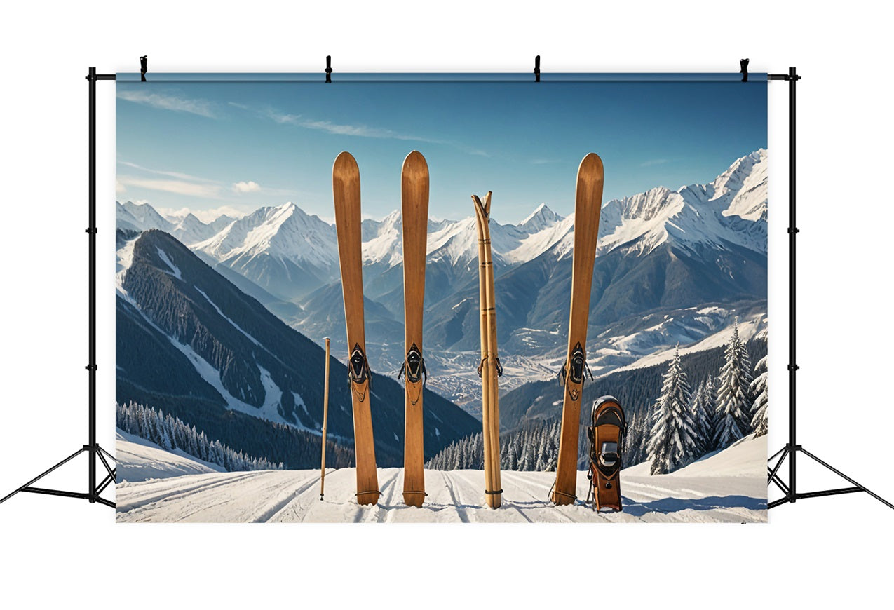 Sci In Legno Inverno Paesaggio Montano Sfondo BRP9-304