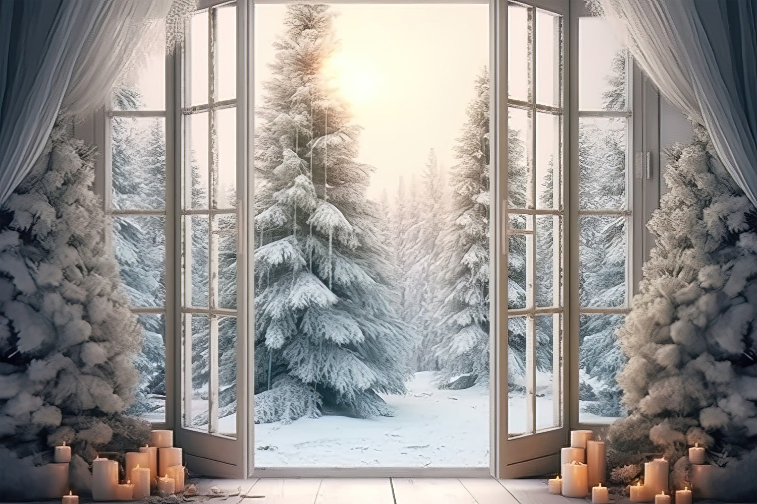 Elegante Finestra Smerigliata Che Apre Lo Sfondo Della Foresta Invernale BRP9-375
