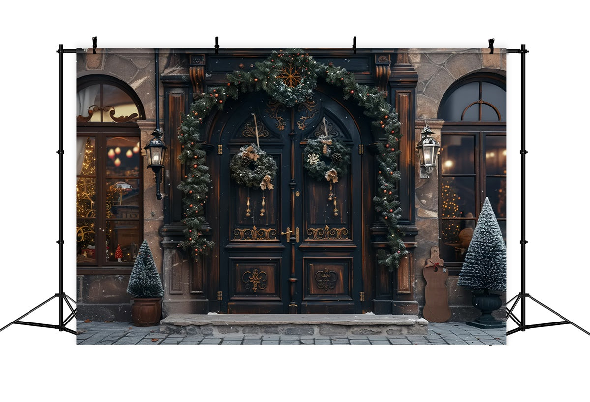 Porta Natalizia Classica Con Ghirlanda Di Natale E Sfondo Ad Albero BRP9-40