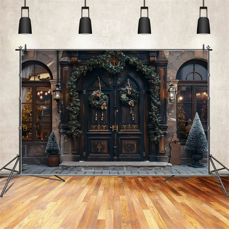 Porta Natalizia Classica Con Ghirlanda Di Natale E Sfondo Ad Albero BRP9-40