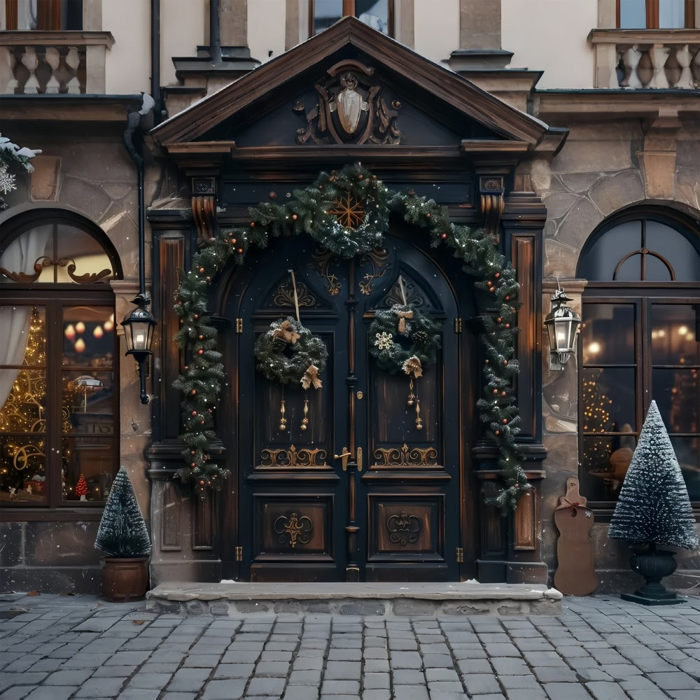 Porta Natalizia Classica Con Ghirlanda Di Natale E Sfondo Ad Albero BRP9-40