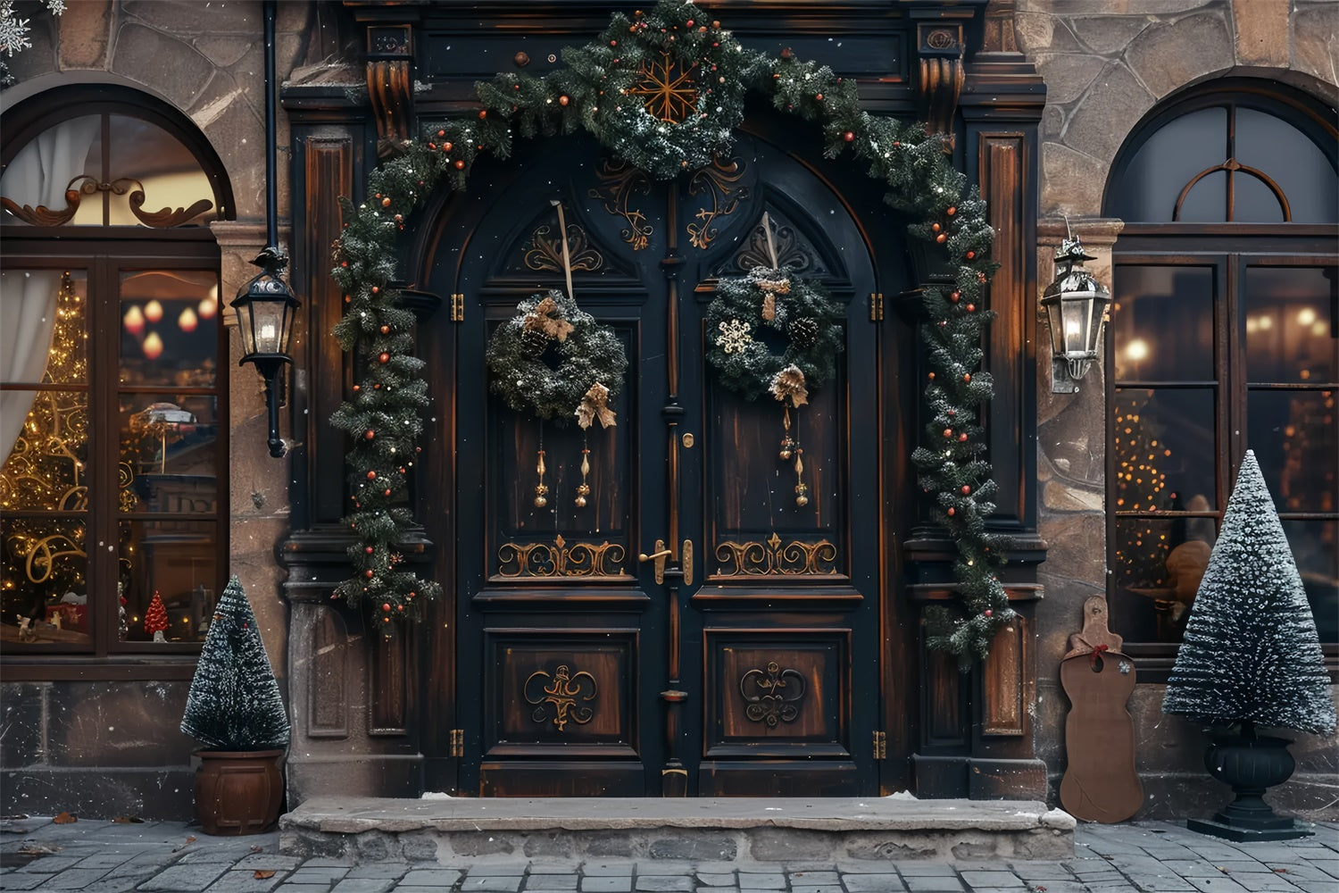Porta Natalizia Classica Con Ghirlanda Di Natale E Sfondo Ad Albero BRP9-40