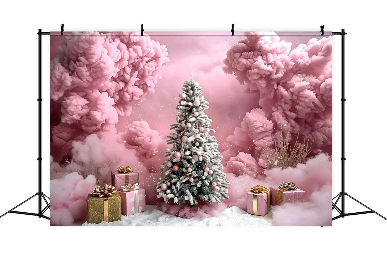 Albero Di Natale Con Nuvole Rosa E Sfondo Di Scatole Regalo BRP9-89