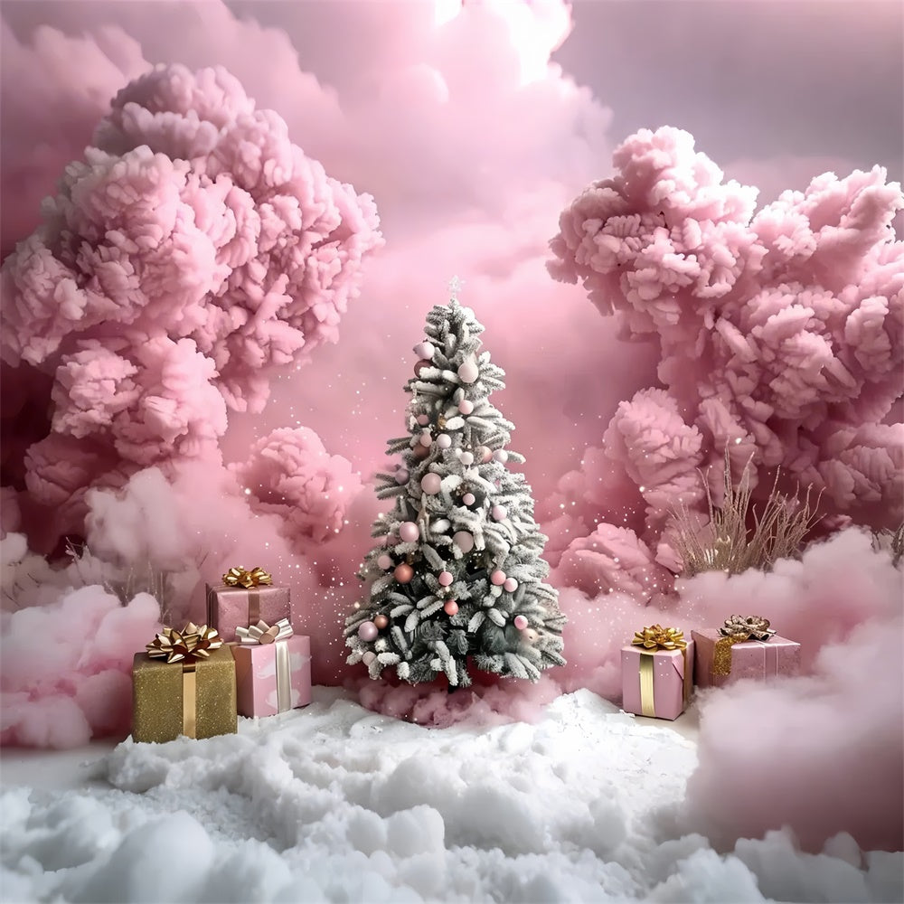Albero Di Natale Con Nuvole Rosa E Sfondo Di Scatole Regalo BRP9-89