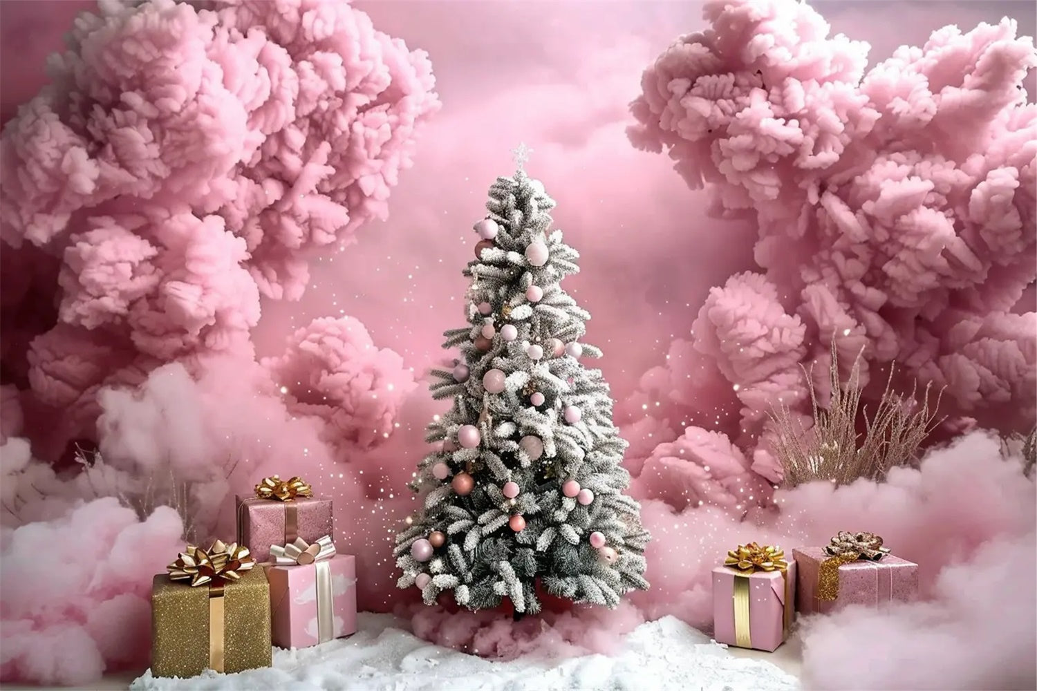 Albero Di Natale Con Nuvole Rosa E Sfondo Di Scatole Regalo BRP9-89