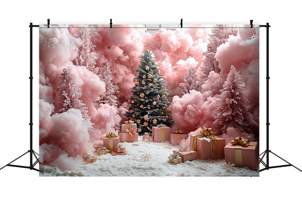 Sfondo Foresta Di Natale Rosa Con Fiocchi Di Neve E Regali BRP9-90