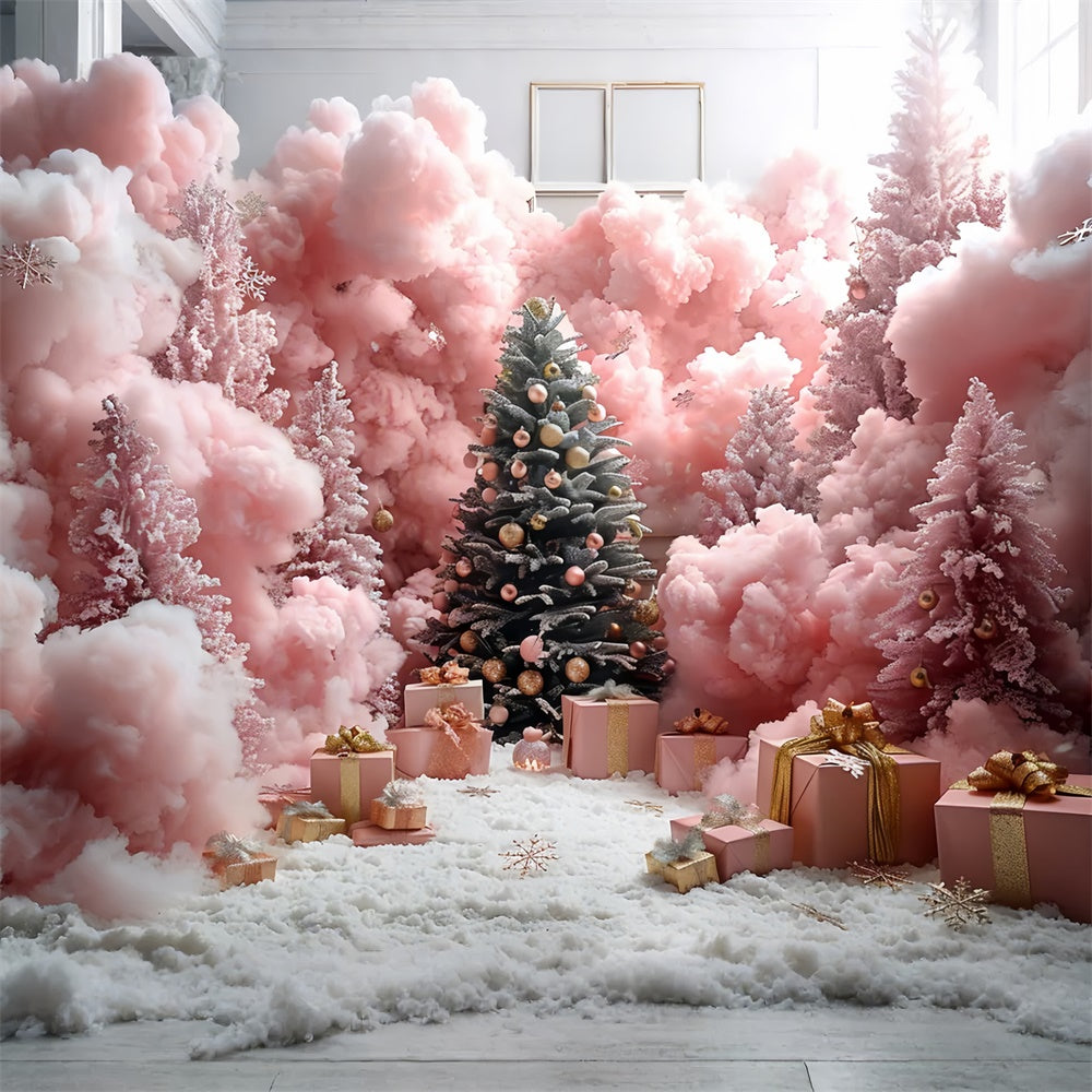 Sfondo Foresta Di Natale Rosa Con Fiocchi Di Neve E Regali BRP9-90