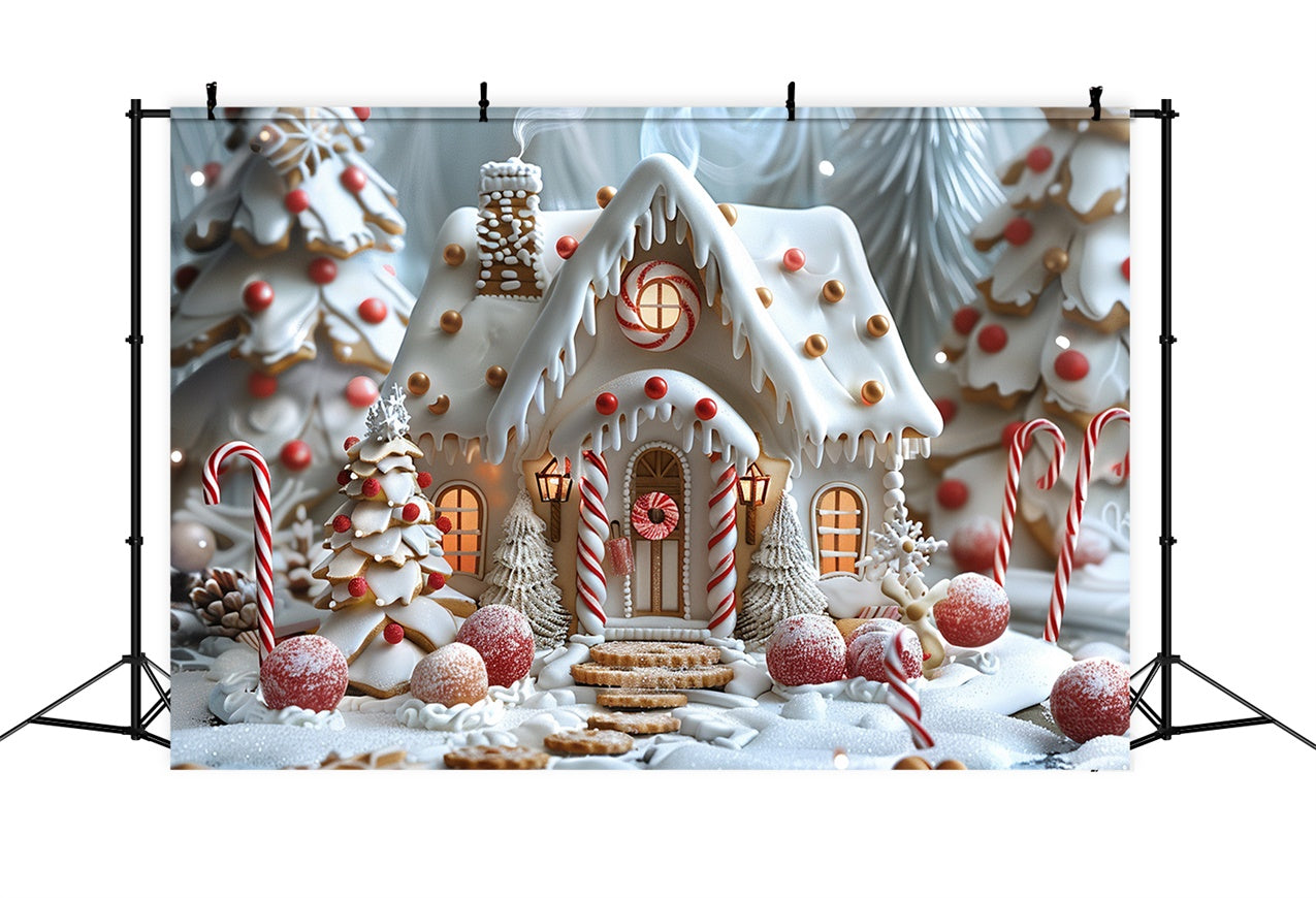Cottage Di Pan Di Zenzero Glassato Con Sfondo Di Alberi Di Natale BRP9-91