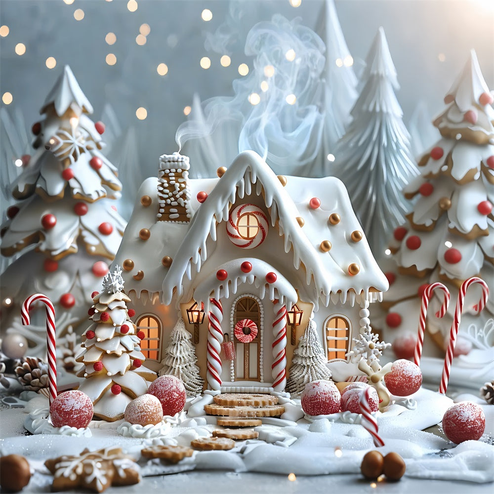 Cottage Di Pan Di Zenzero Glassato Con Sfondo Di Alberi Di Natale BRP9-91