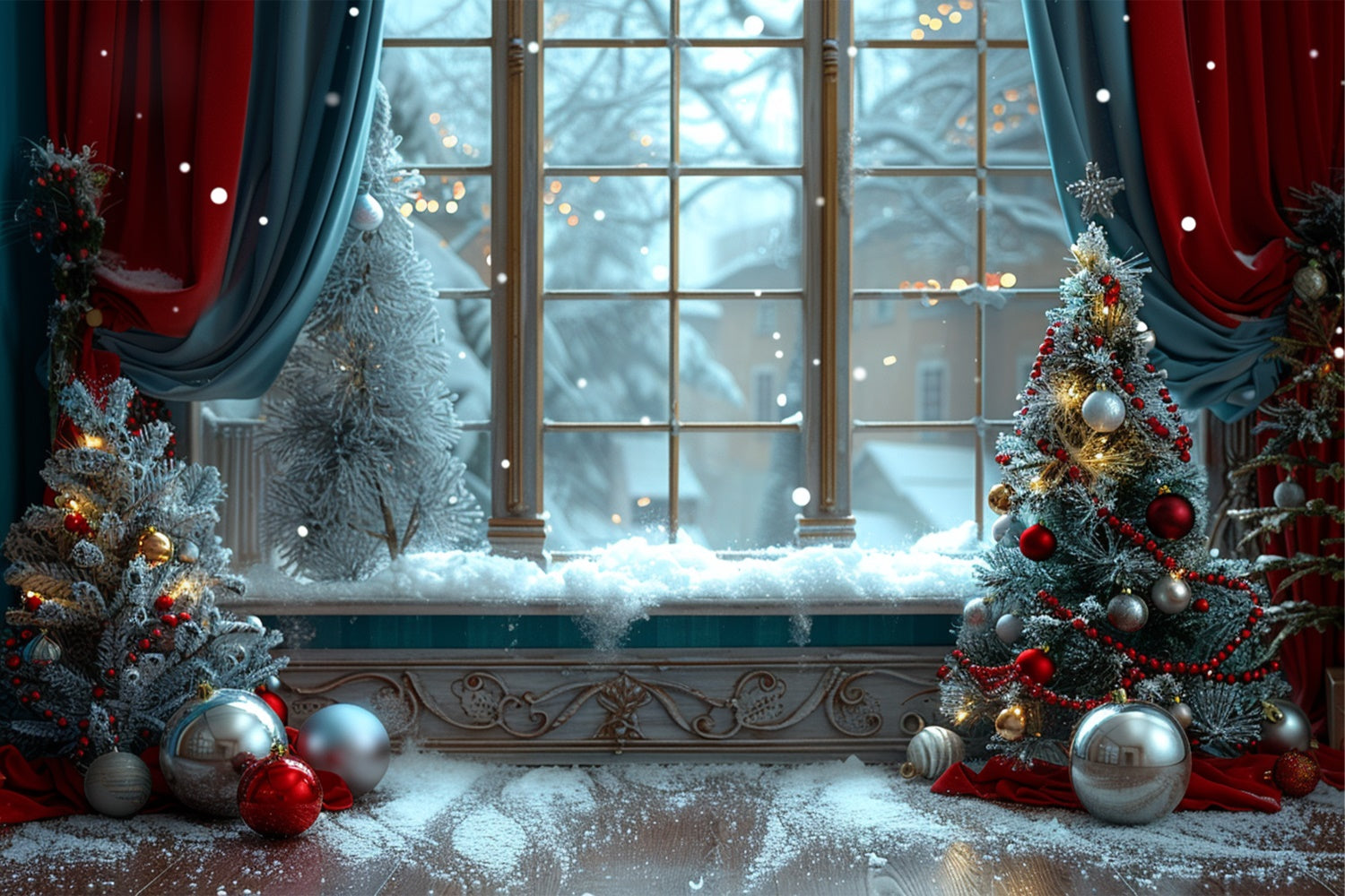 Finestra Innevata Con Sfondo Di Alberi Di Natale Decorati BRP9-92