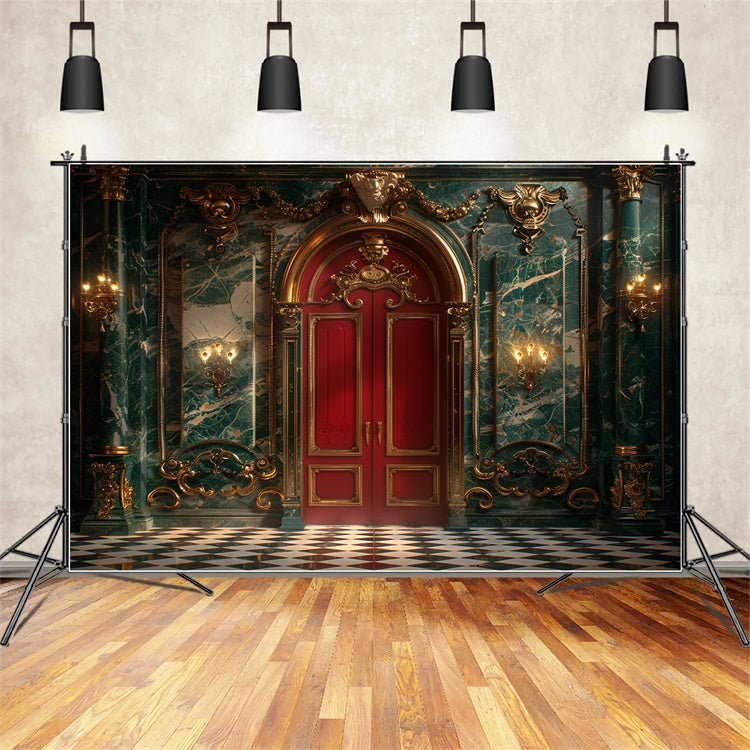 Opulento Sfondo Natalizio In Marmo Verde Verde E Porta Rossa BRP9-98