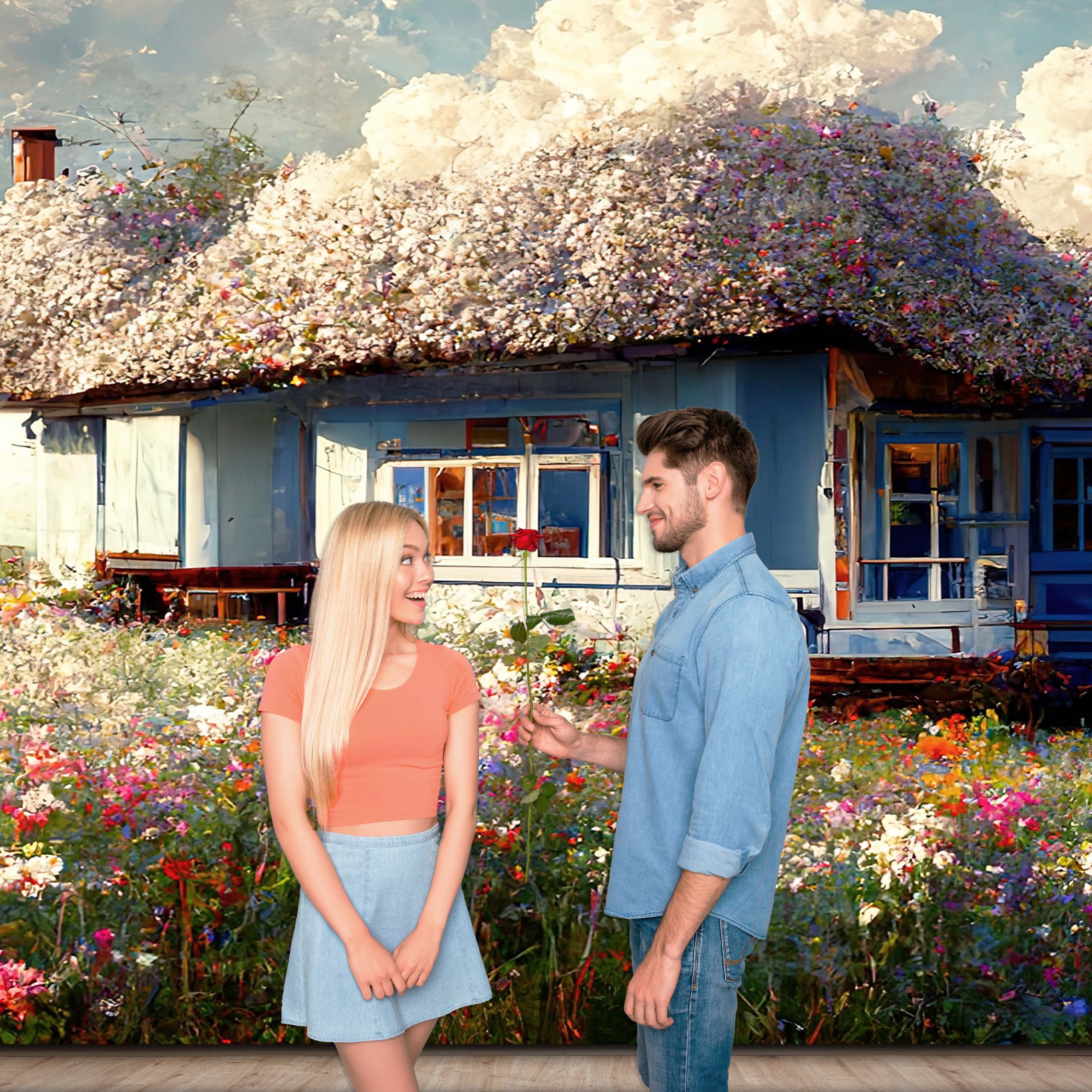 Bellissimo Sfondo Primaverile Di Cottage In Campo Floreale D1017