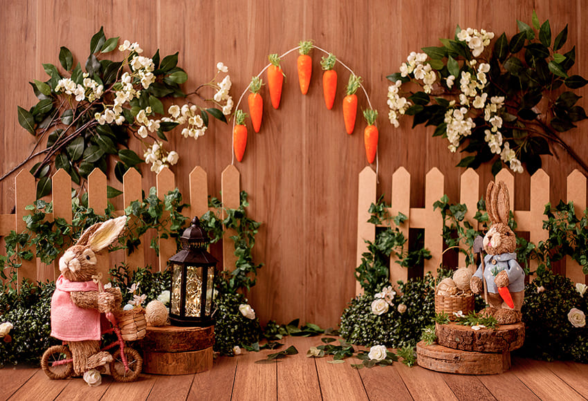 Sfondo Di Pasqua Con Fiori Di Coniglietto In Legno Vintage D1074