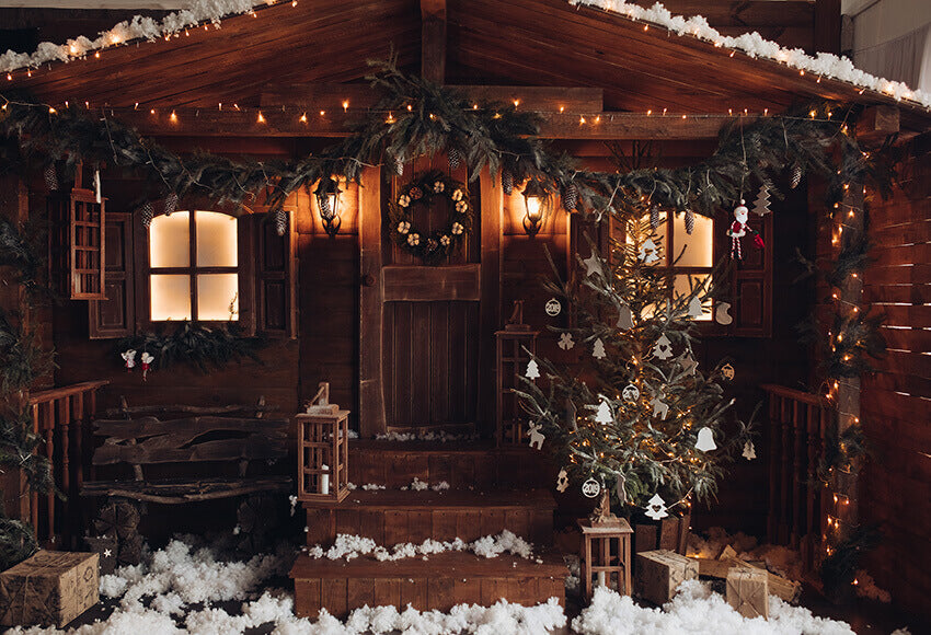 Christmas Tree Gift Wood House and Lighting Photo Booth backdrop UK