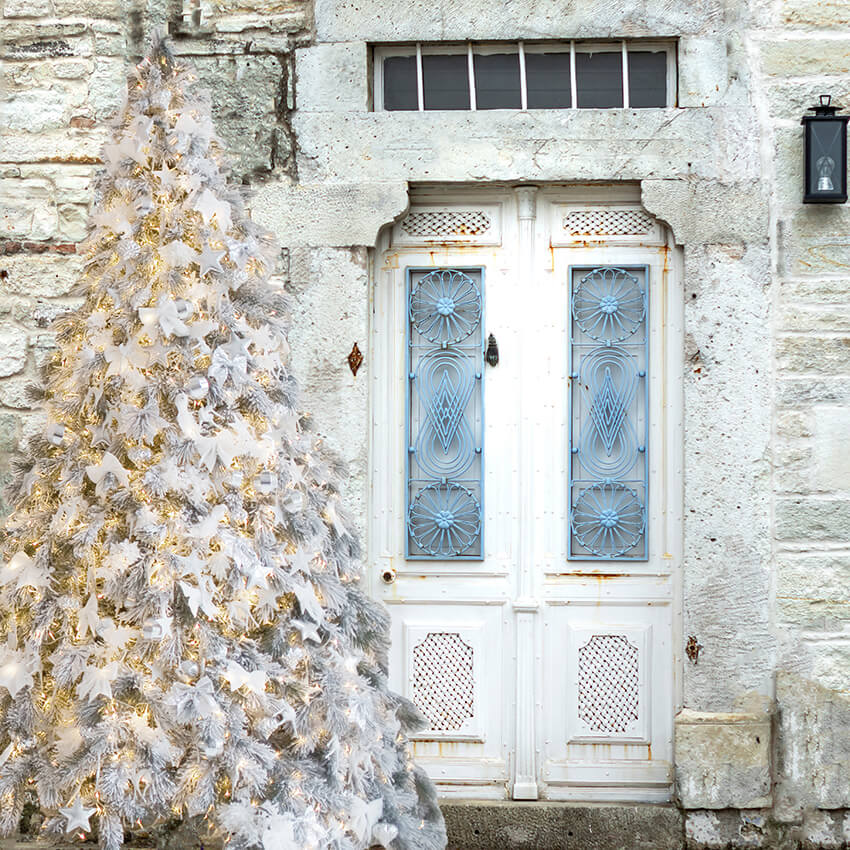 Sfondo Dell'Albero Di Natale Della Porta Della Casa In Pietra D931