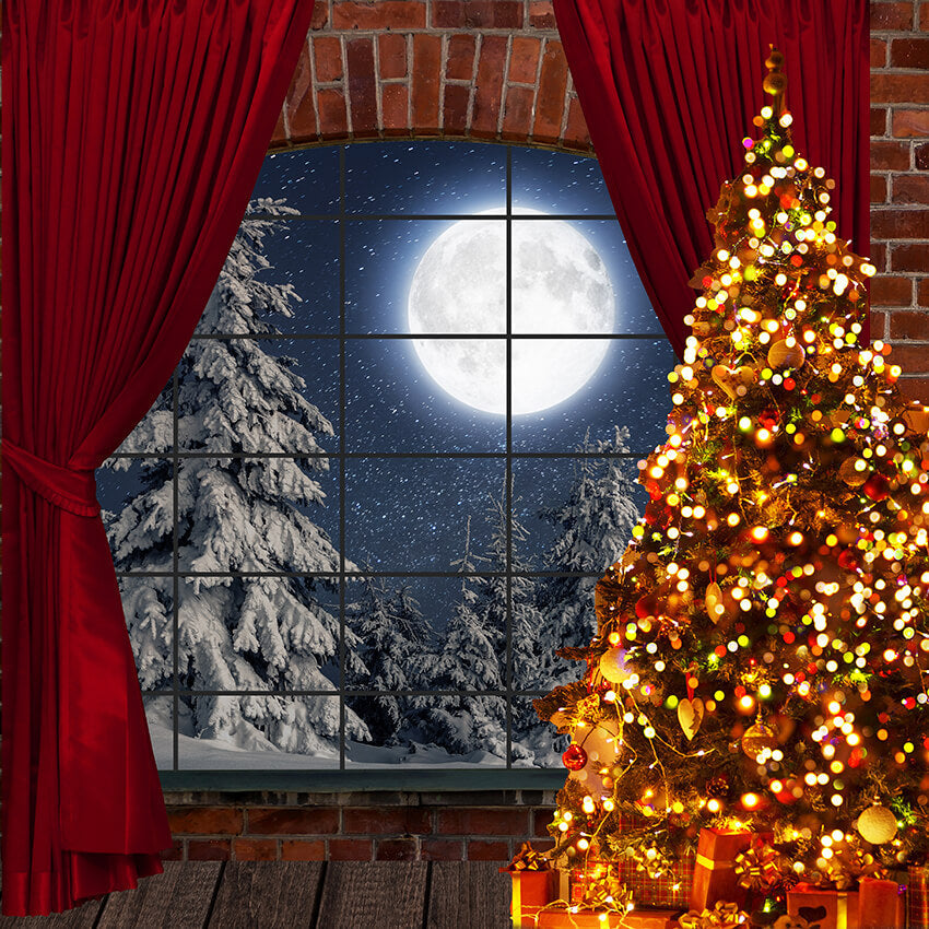 Sfondo Della Finestra Dell'Albero Di Natale Con Luna D947
