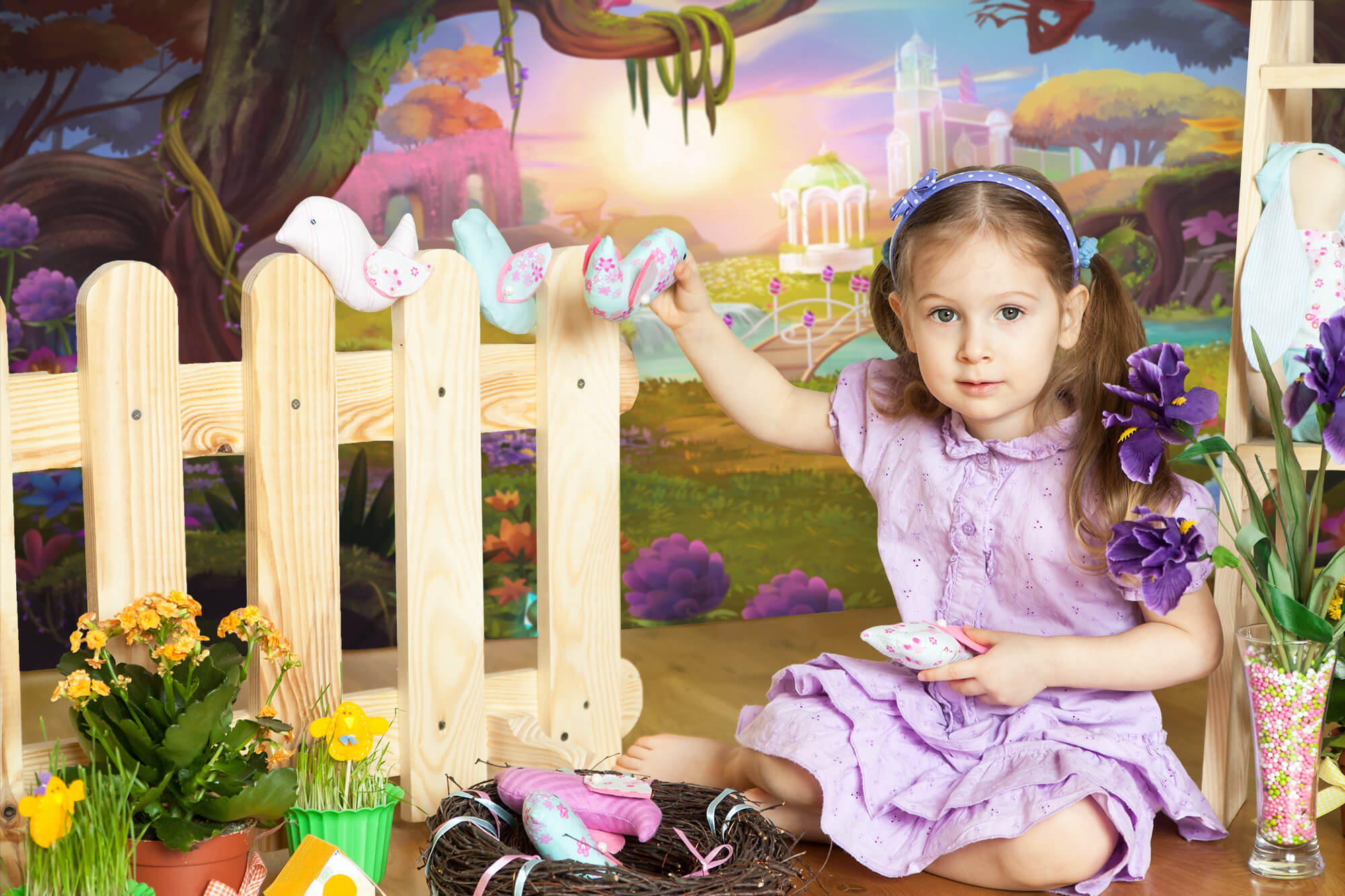 Fondale Fotografico Per Bambini Con Castello Nella Foresta Dei Cartoni Animati DBD-19335