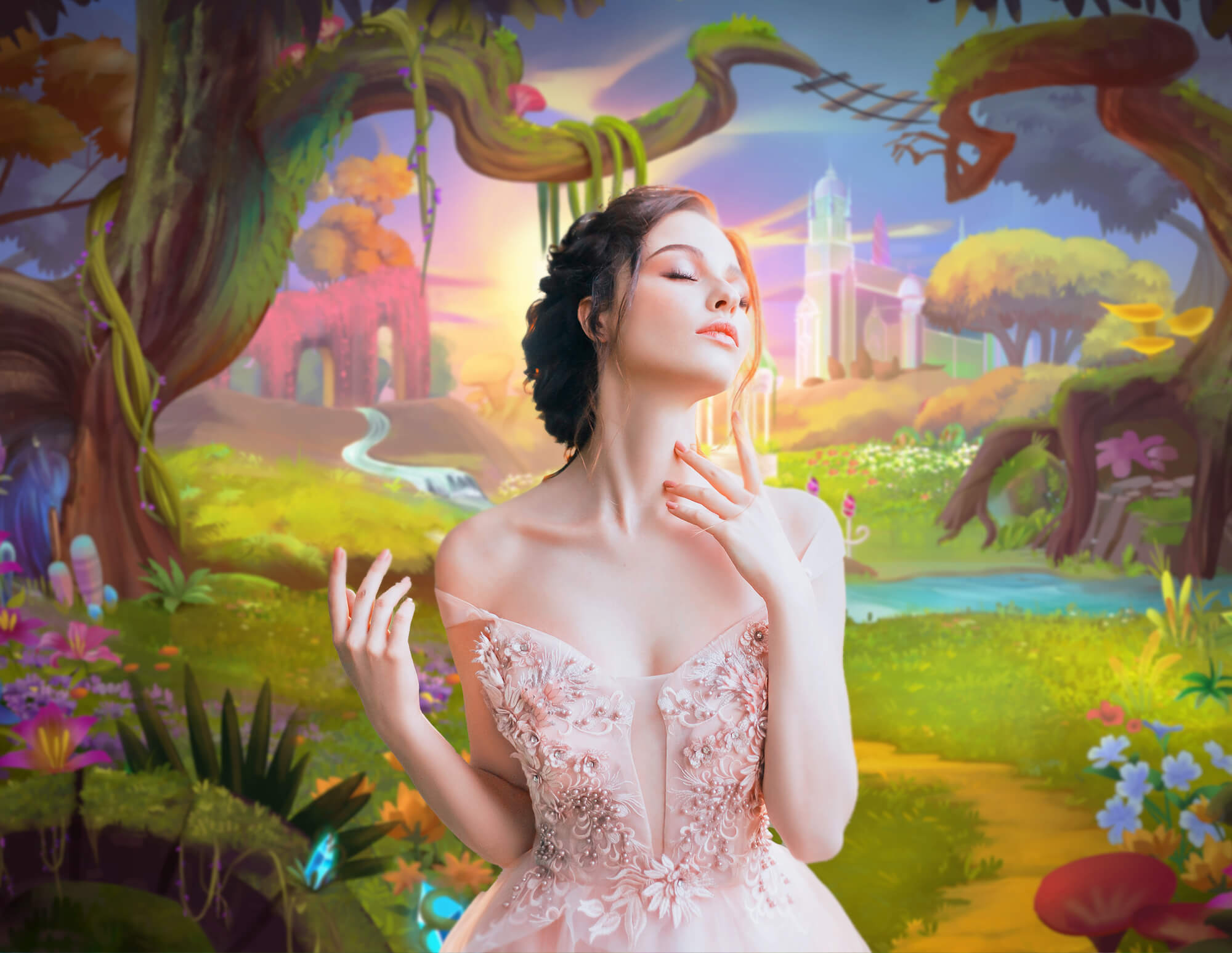 Fondale Fotografico Per Bambini Con Castello Nella Foresta Dei Cartoni Animati DBD-19335