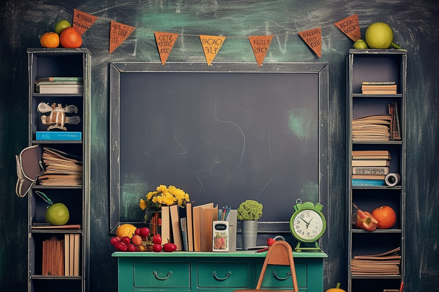 Orologio Con Frutti Sulla Scrivania Sfondo Per Il Ritorno A Scuola DBD7-50